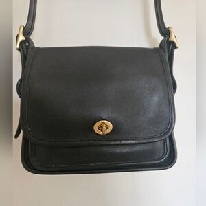 Coach Ranblers Legacy Classic Black Leather Crossbody Bag with Gold Turn-Lock